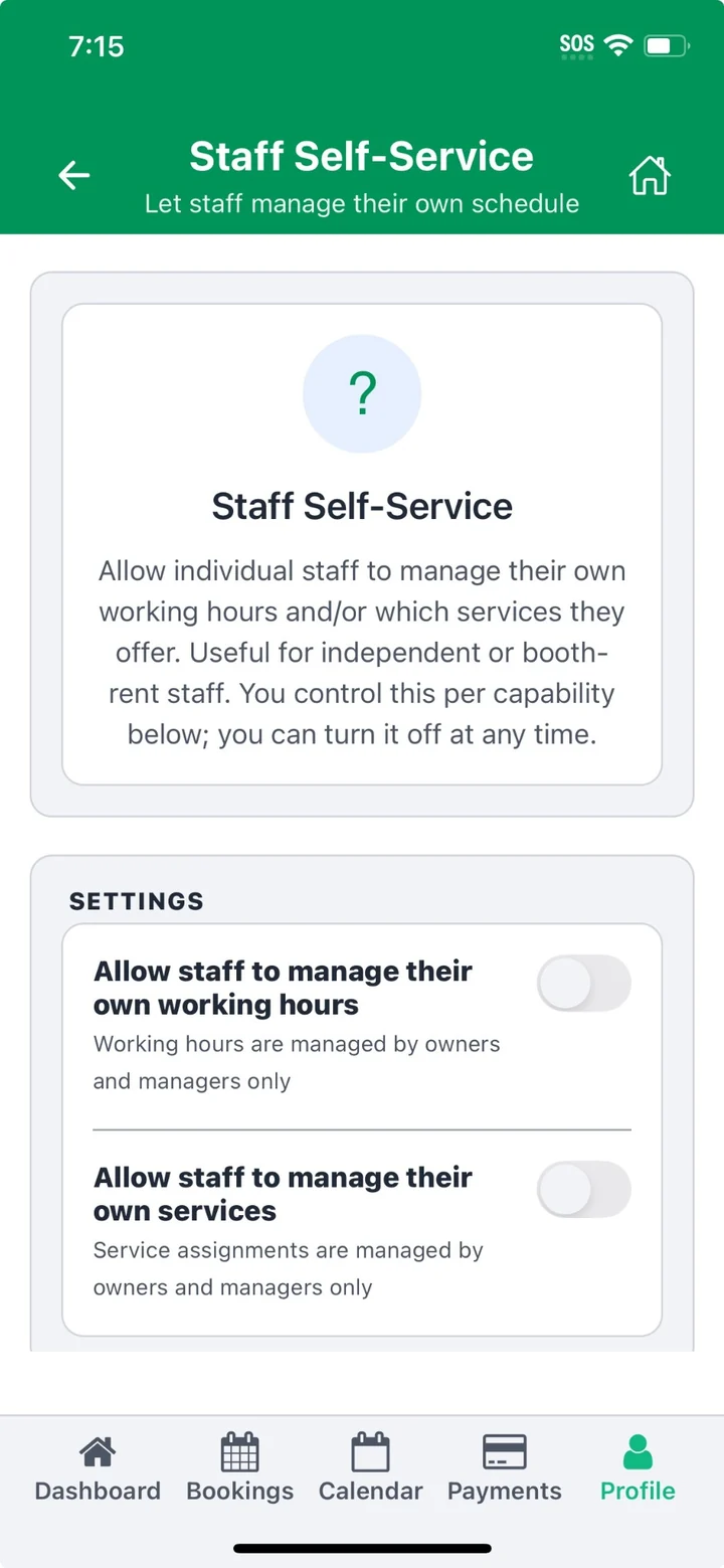 Quelboo business application staff self-service screen